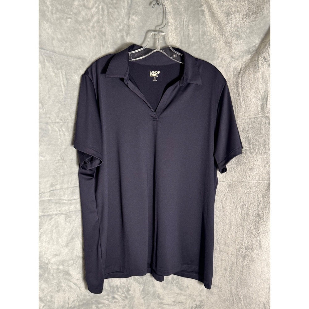 Lands End Womens 1X Navy Blue Short Sleeve V-Neck Polo Performance Shirt 16W-18W